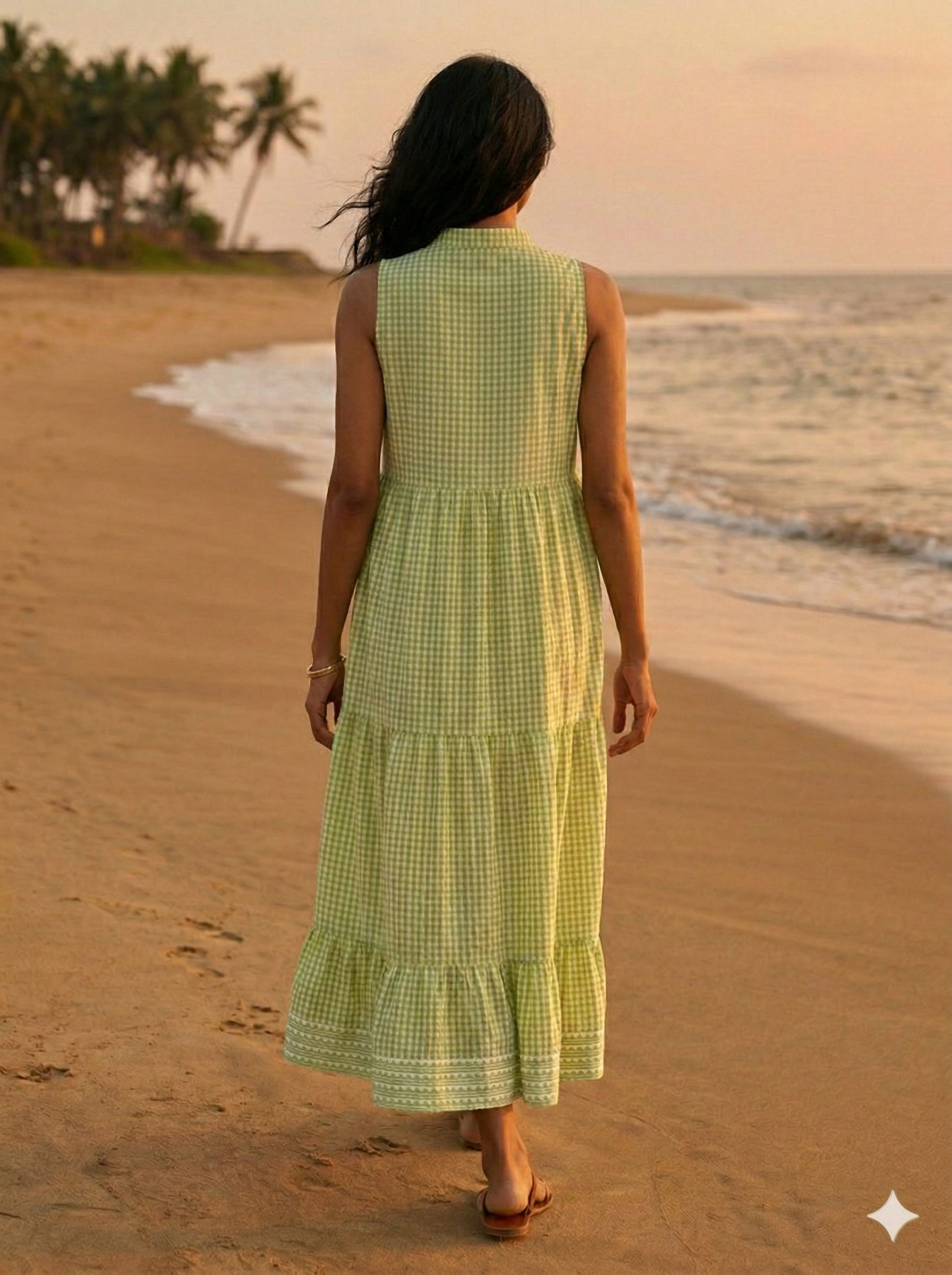 Pistachio Green Gingham Cotton Tiered Maxi Dress with Tassel Tie-Up