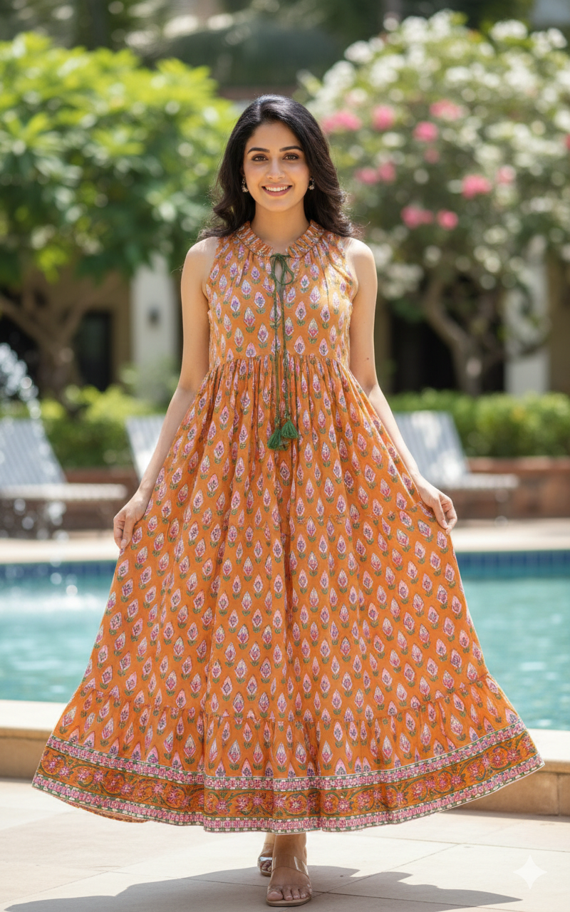 Mustard Hand Block Printed Cotton Maxi Dress with Tassel Tie-Up