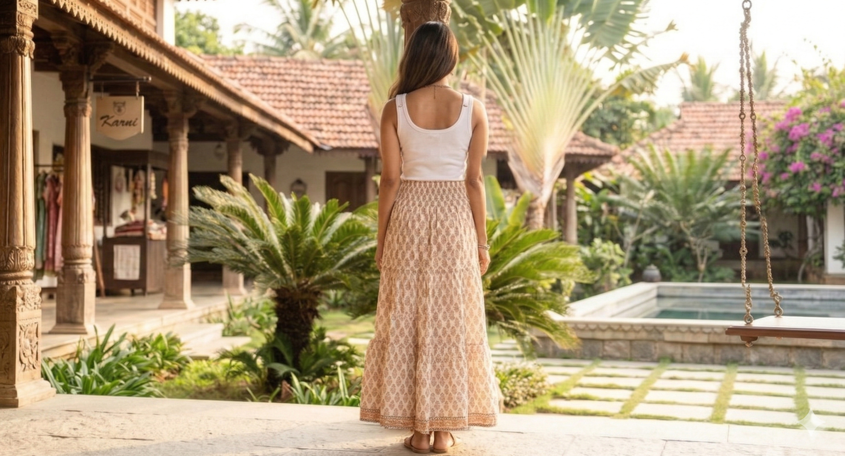 Beige Floral Hand Block Printed Cotton Flared Maxi Skirt