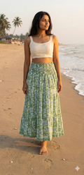 Meadow Green Floral Hand Block Printed Cotton Maxi Skirt – Smocked Waist Tiered Skirt