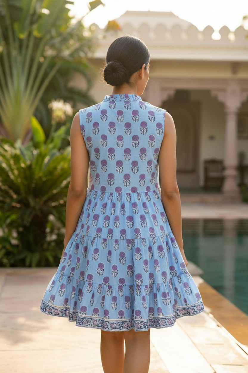 Blue & Purple Floral Hand Block Printed Tiered Mini Dress