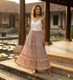 Beige Floral Screen Print Cotton Maxi Skirt – Boho Tiered Summer Skirt