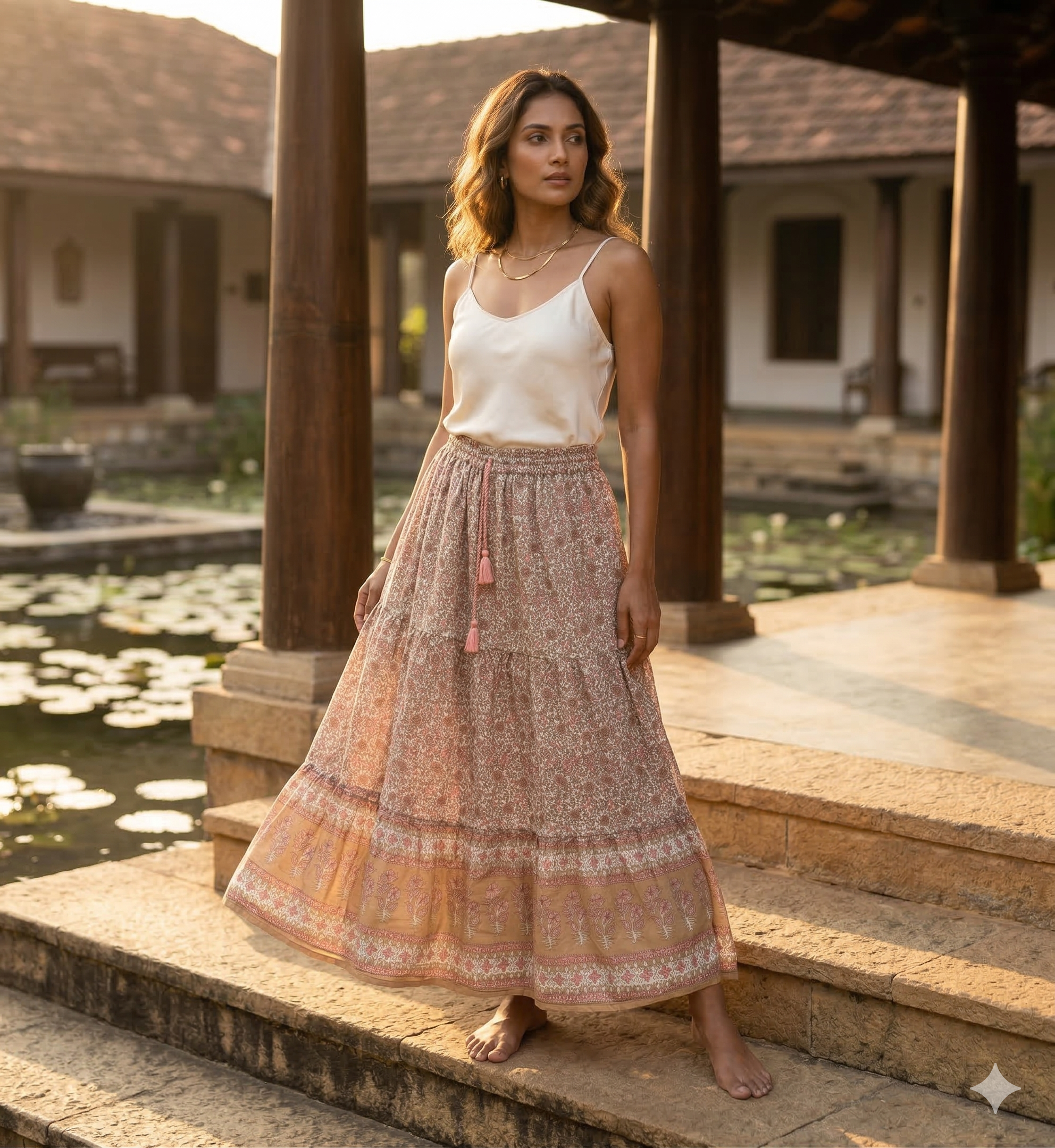 Beige Floral Screen Print Cotton Maxi Skirt – Boho Tiered Summer Skirt