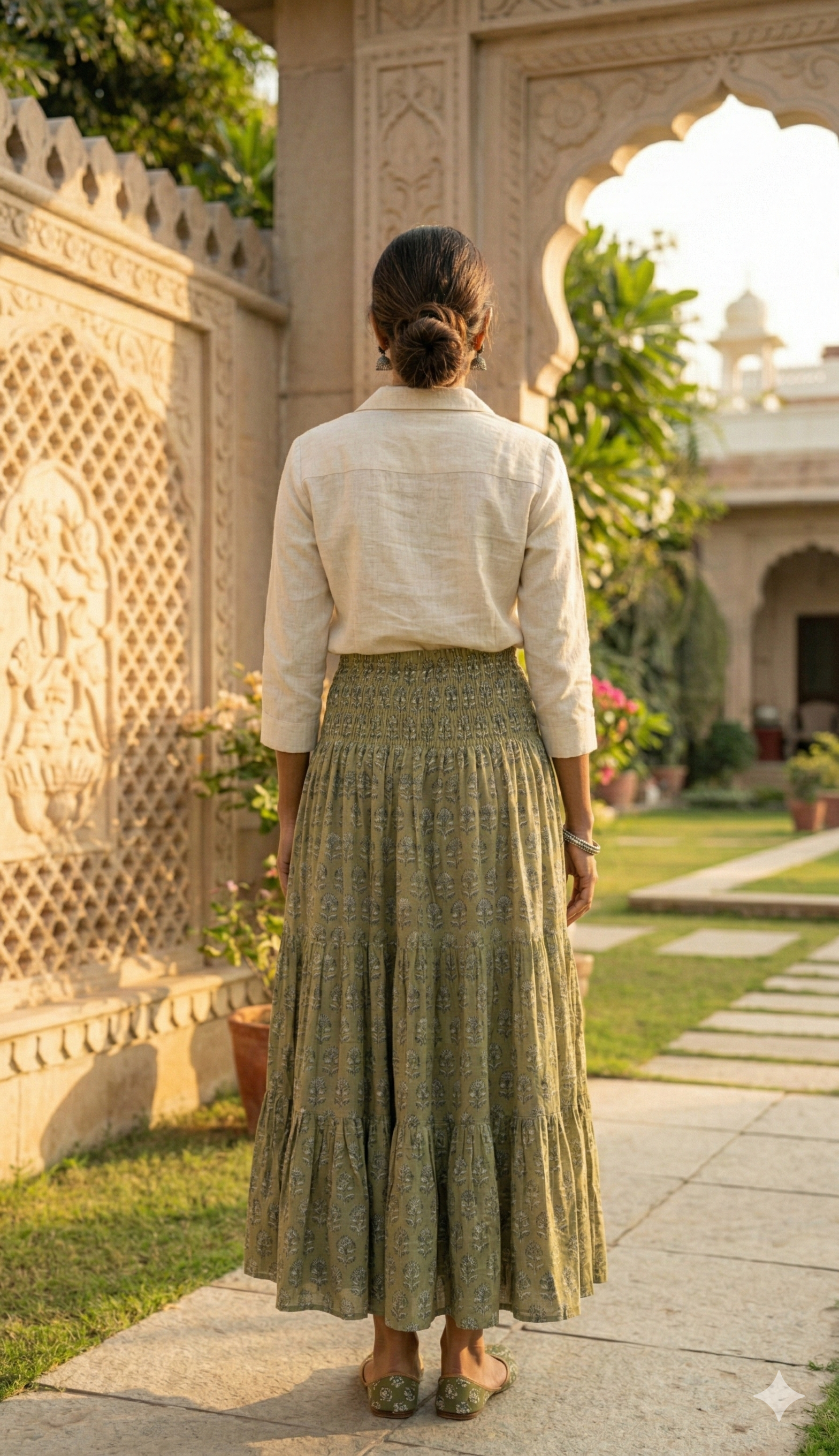 Olive Buti Hand Block Printed Cotton Maxi Skirt – Smocked Waist Tiered Skirt