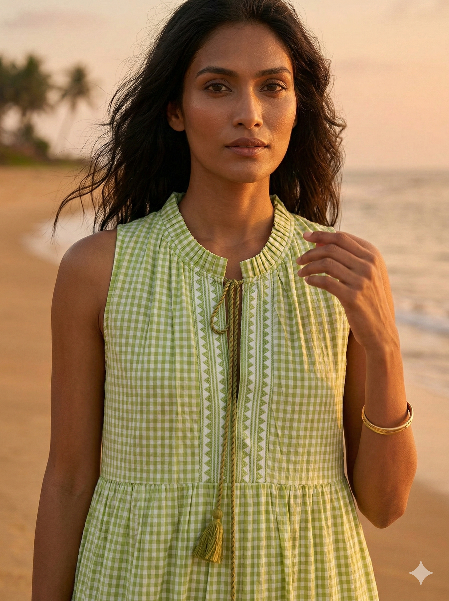 Pistachio Green Gingham Cotton Tiered Maxi Dress with Tassel Tie-Up