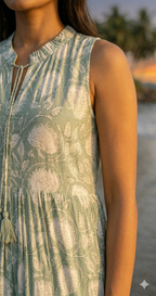 Sage Green Ethnic Floral Cotton Maxi Dress with Gathered Silhouette