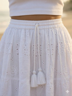 White Cotton Schiffli Embroidered Tiered Maxi Skirt with Tassel Tie-Up