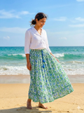 Green Hand Block Printed Cotton Flared Skirt with Tassel Tie-Up