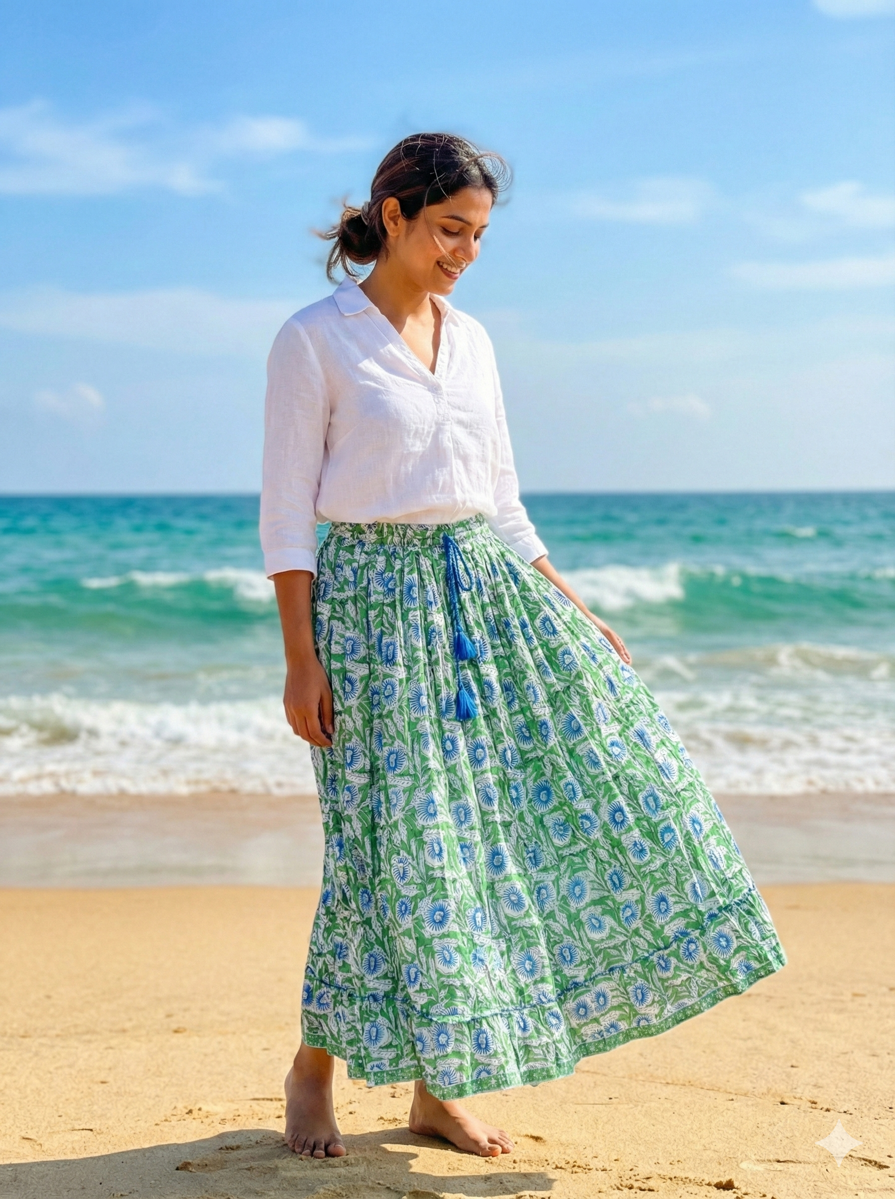 Green Hand Block Printed Cotton Flared Skirt with Tassel Tie-Up