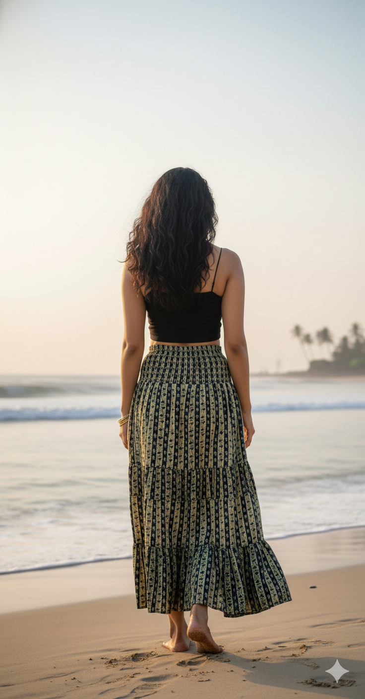 Maze Hand Block Printed Cotton Tiered Maxi Skirt – Smocked Waist Boho Flared Skirt