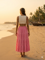 Pink Schiffli Embroidered Cotton Tiered Maxi Skirt