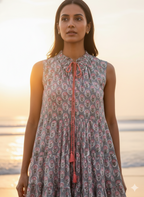 Grey & Pink Floral Hand Block Printed Cotton Tiered Beach Dress with Tassels