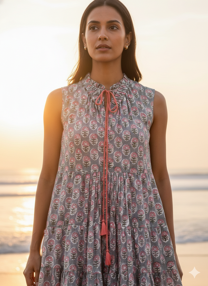 Grey & Pink Floral Hand Block Printed Cotton Tiered Beach Dress with Tassels