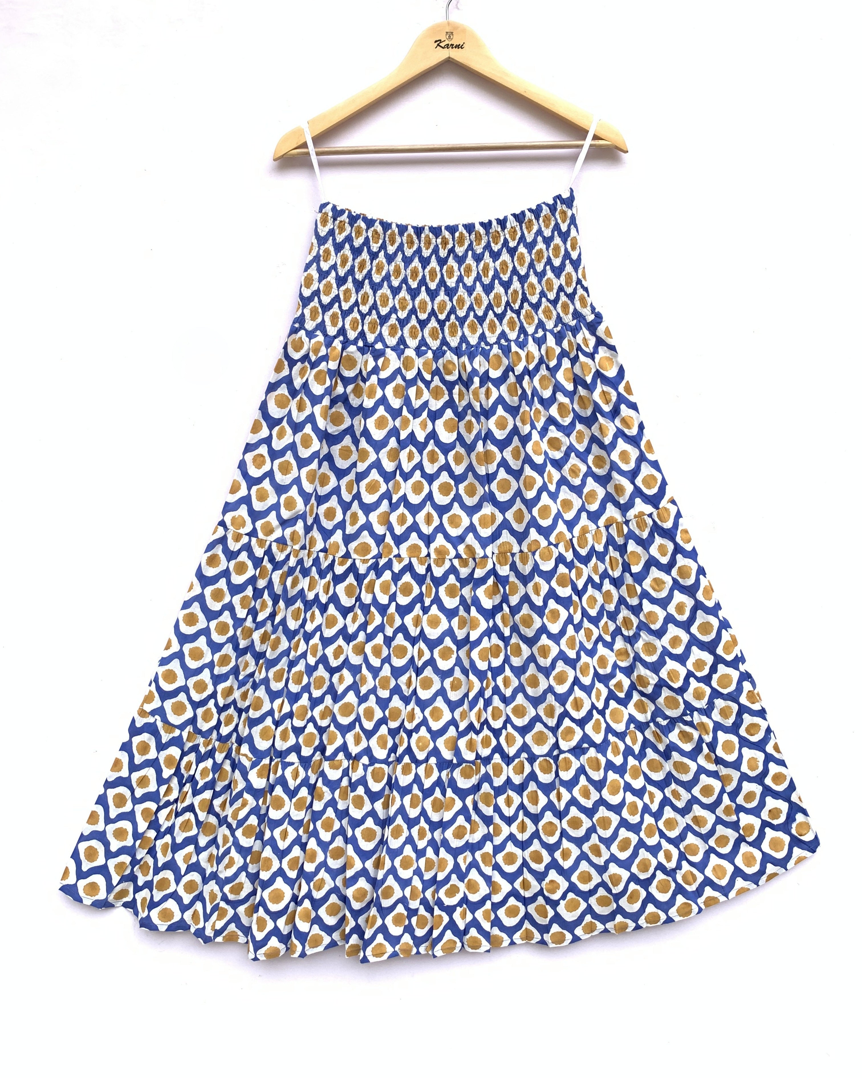 Blue & Mustard Floral Printed Cotton Tiered Maxi Skirt
