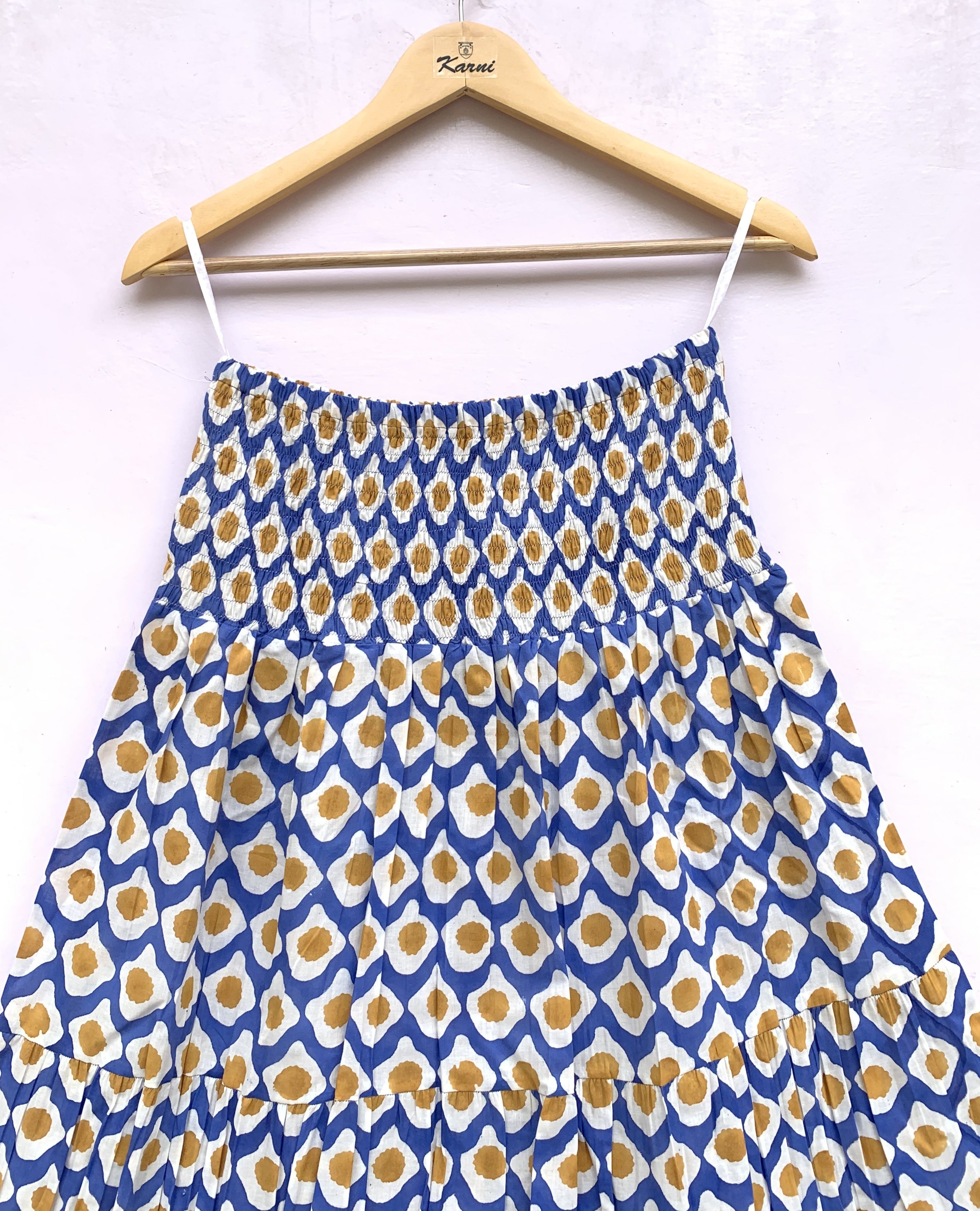 Blue & Mustard Floral Printed Cotton Tiered Maxi Skirt
