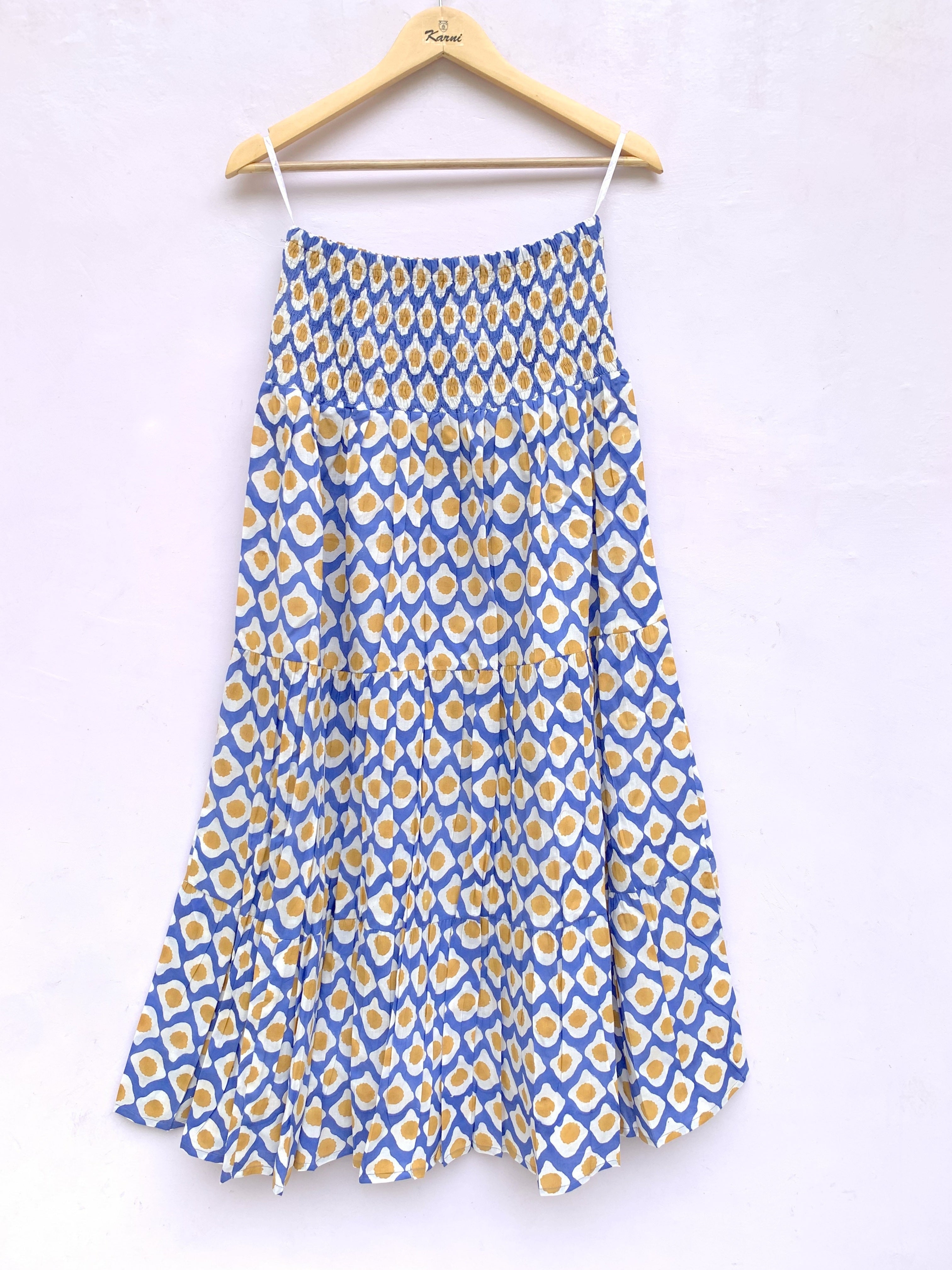 Blue & Mustard Floral Printed Cotton Tiered Maxi Skirt