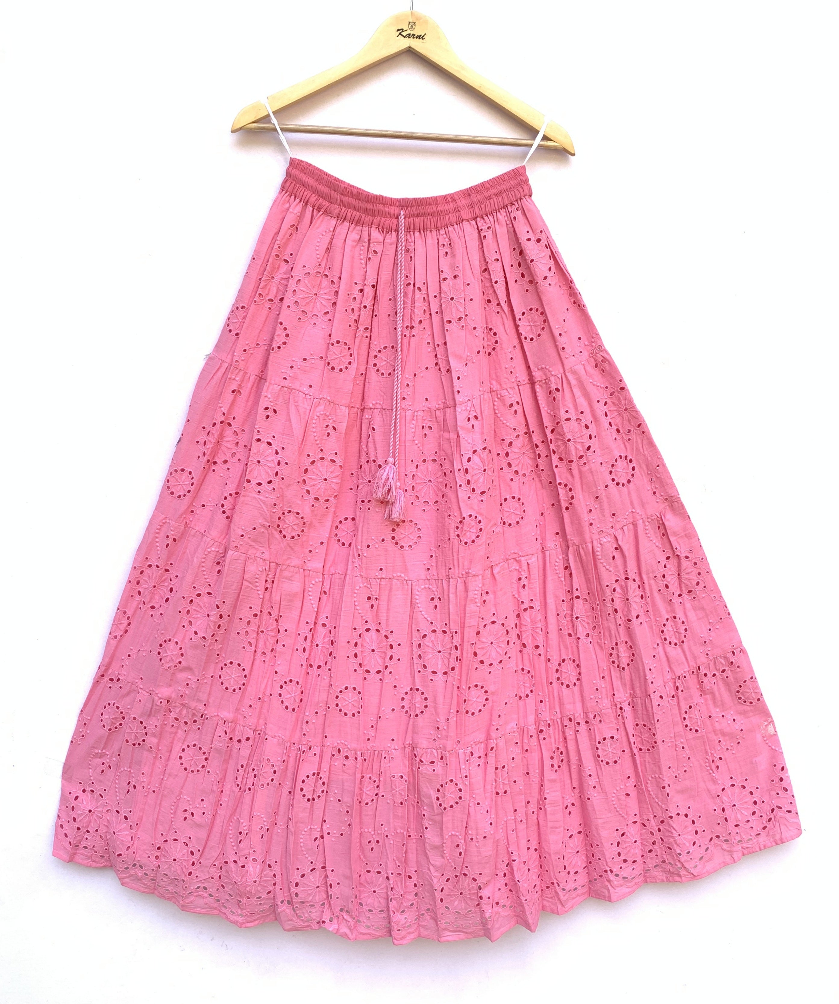 Pink Schiffli Embroidered Cotton Tiered Maxi Skirt
