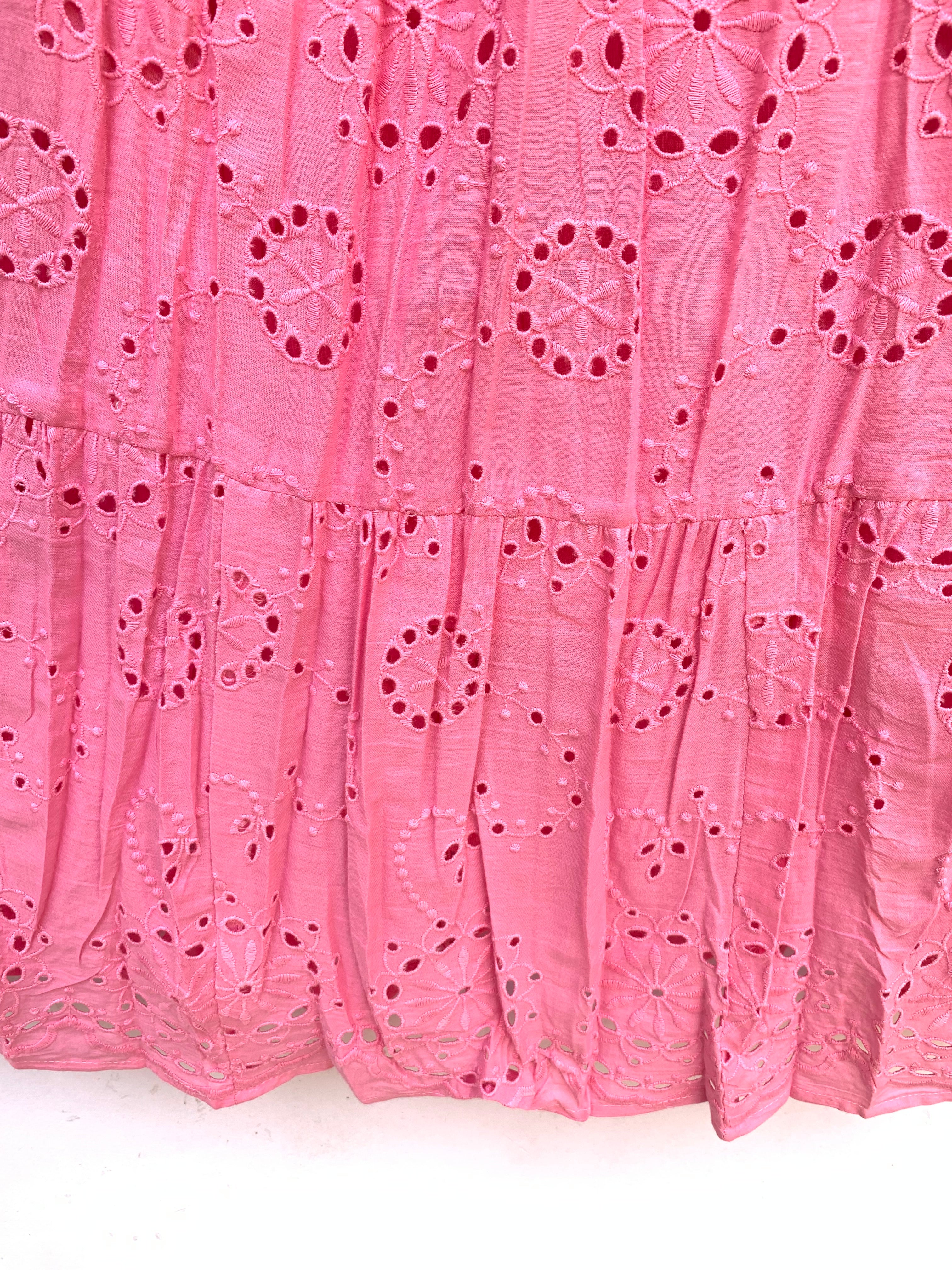 Pink Schiffli Embroidered Cotton Tiered Maxi Skirt