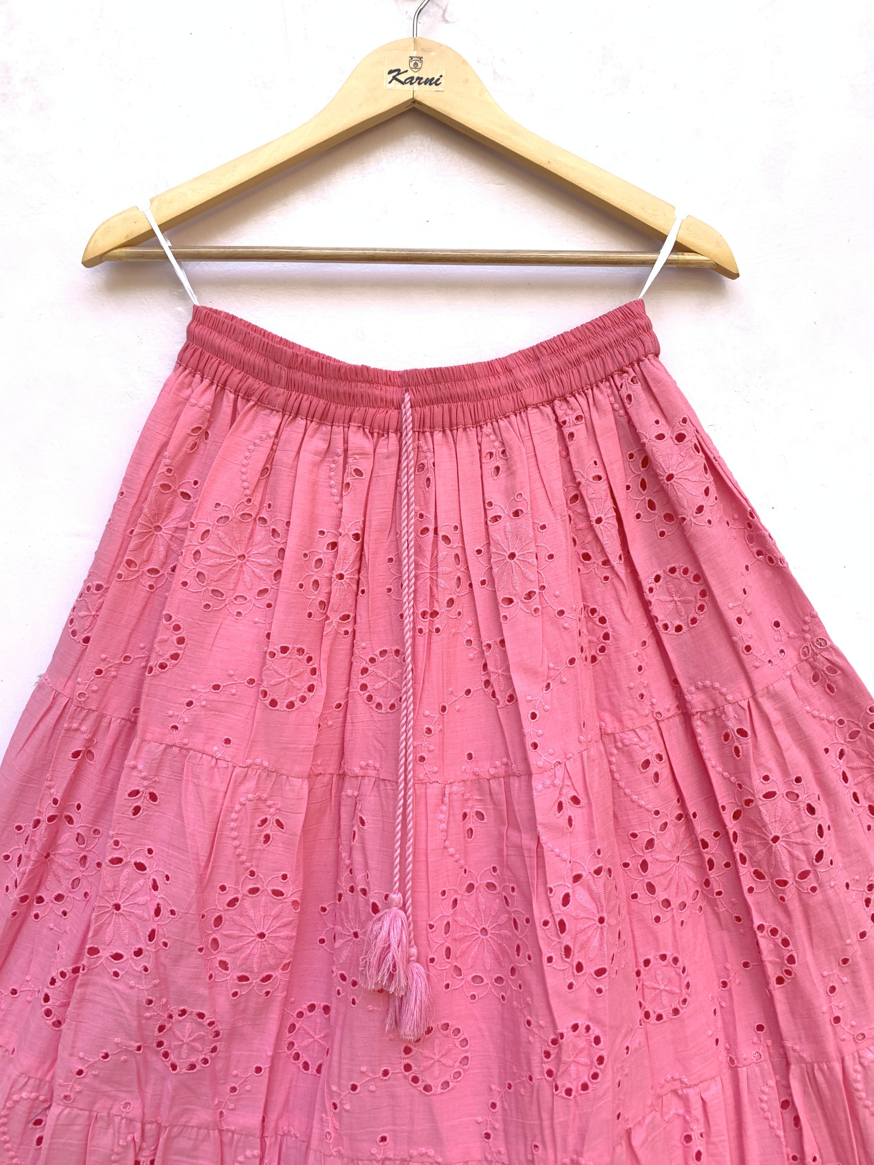 Pink Schiffli Embroidered Cotton Tiered Maxi Skirt