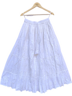 White Cotton Schiffli Embroidered Tiered Maxi Skirt with Tassel Tie-Up