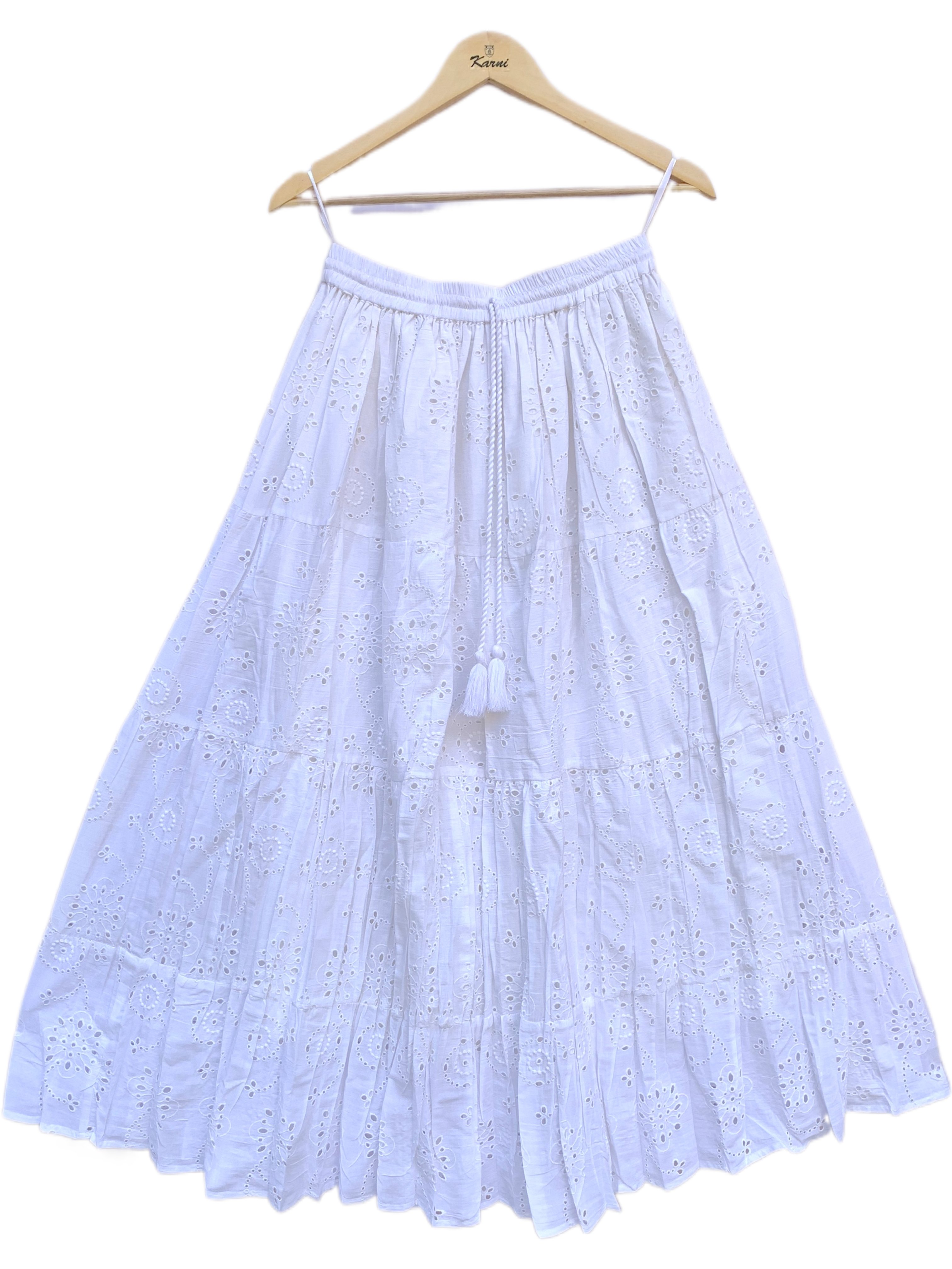 White Cotton Schiffli Embroidered Tiered Maxi Skirt with Tassel Tie-Up