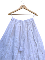 White Cotton Schiffli Embroidered Tiered Maxi Skirt with Tassel Tie-Up