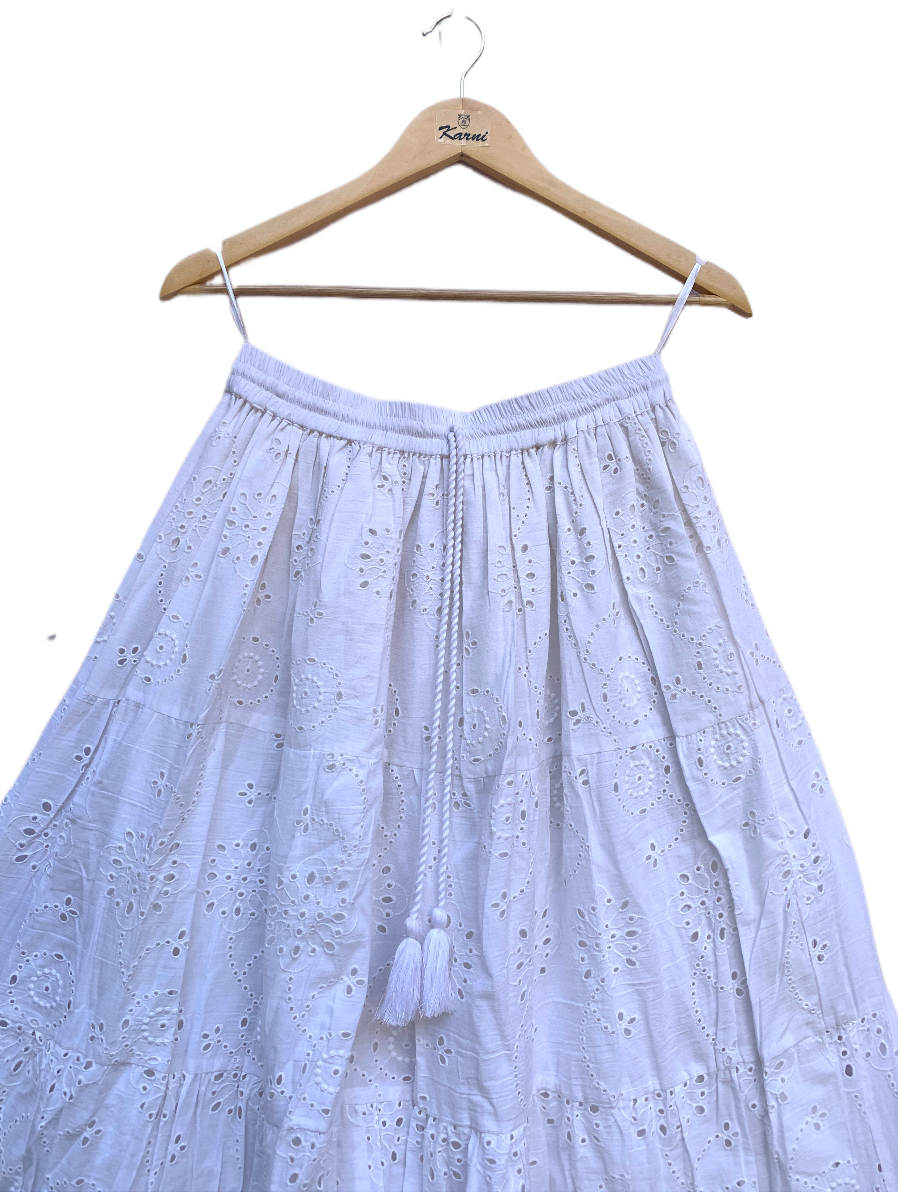 White Cotton Schiffli Embroidered Tiered Maxi Skirt with Tassel Tie-Up