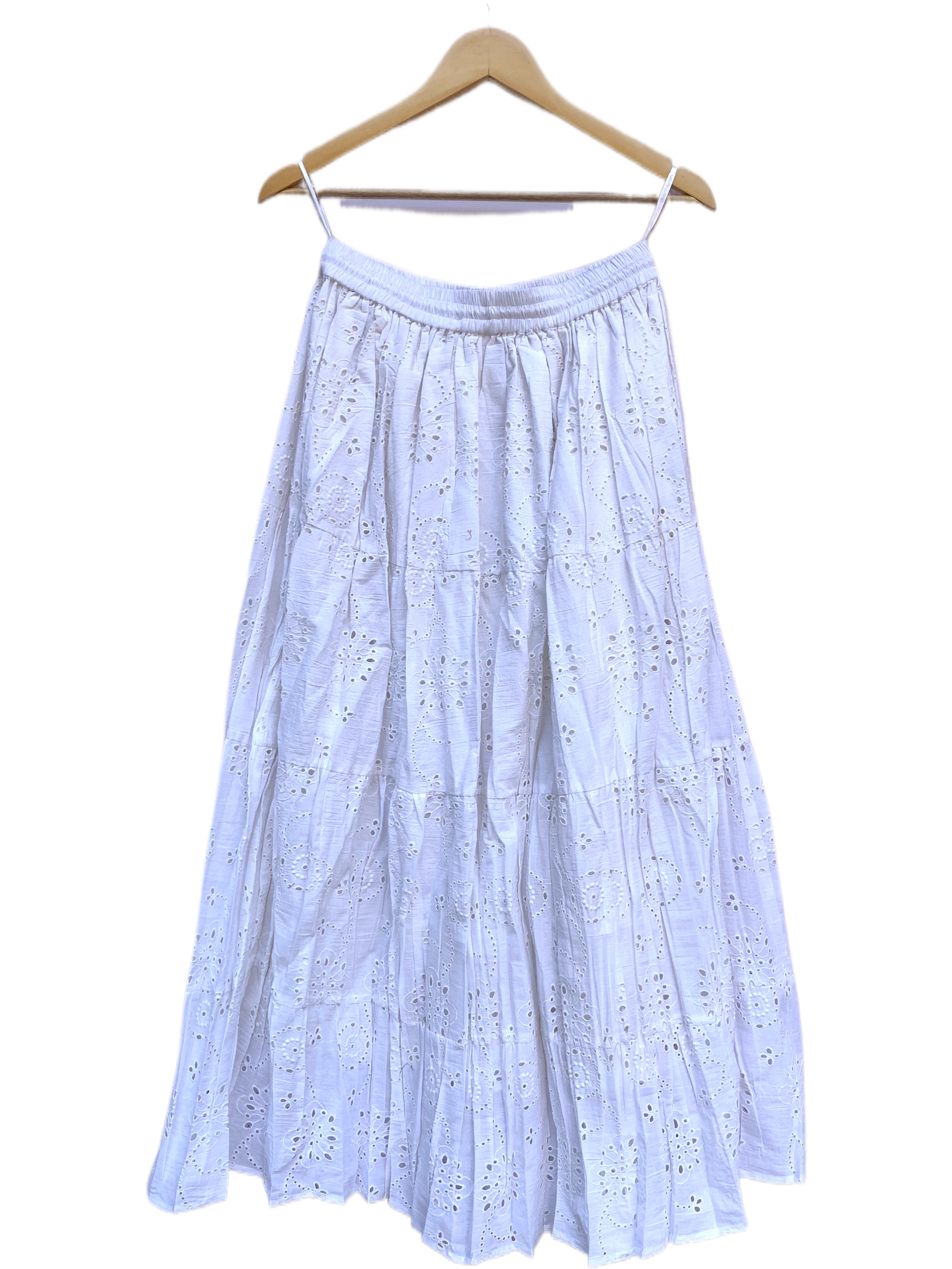 White Cotton Schiffli Embroidered Tiered Maxi Skirt with Tassel Tie-Up