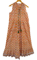 Mustard Hand Block Printed Cotton Maxi Dress with Tassel Tie-Up