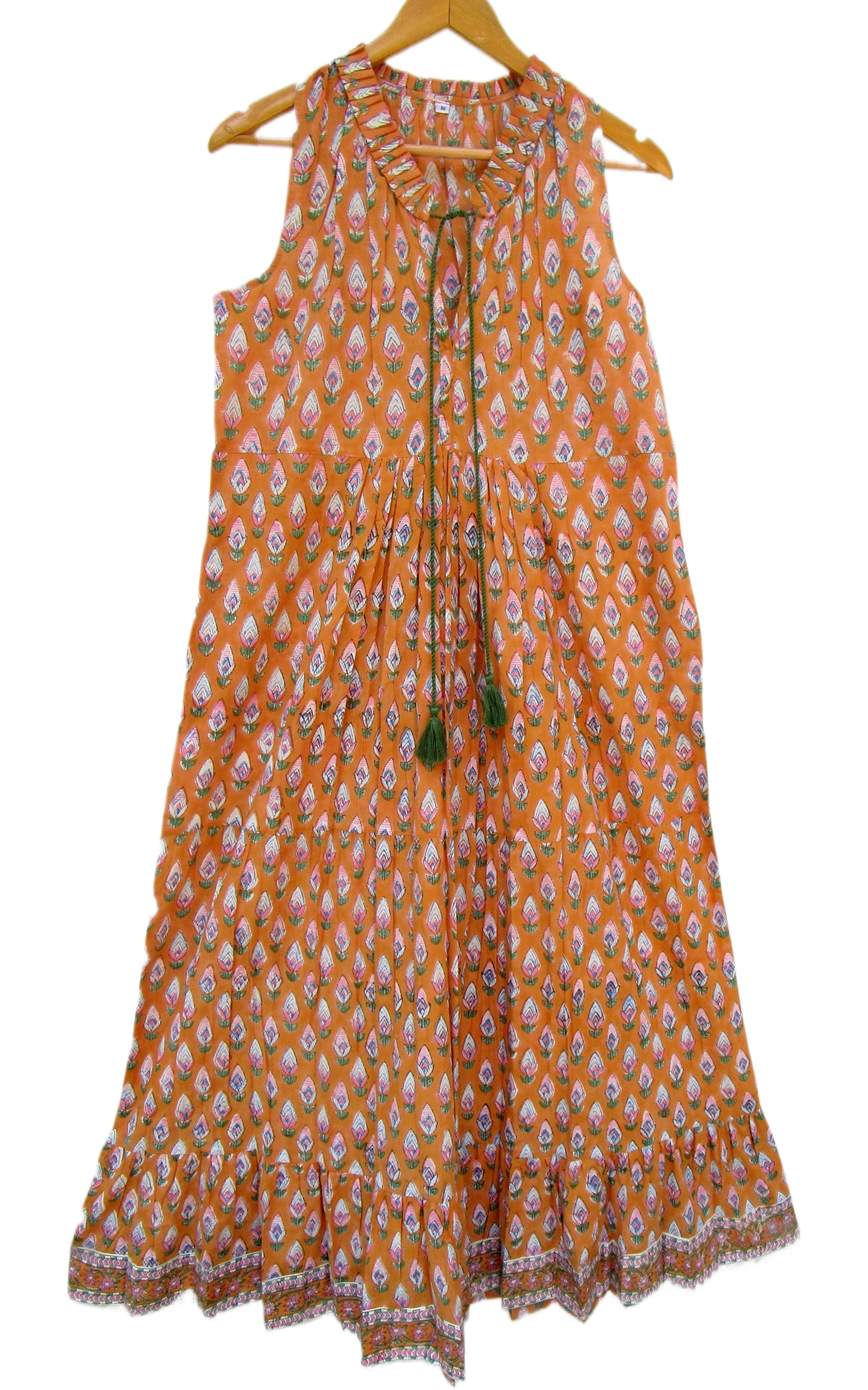 Mustard Hand Block Printed Cotton Maxi Dress with Tassel Tie-Up