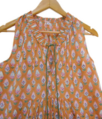 Mustard Hand Block Printed Cotton Maxi Dress with Tassel Tie-Up