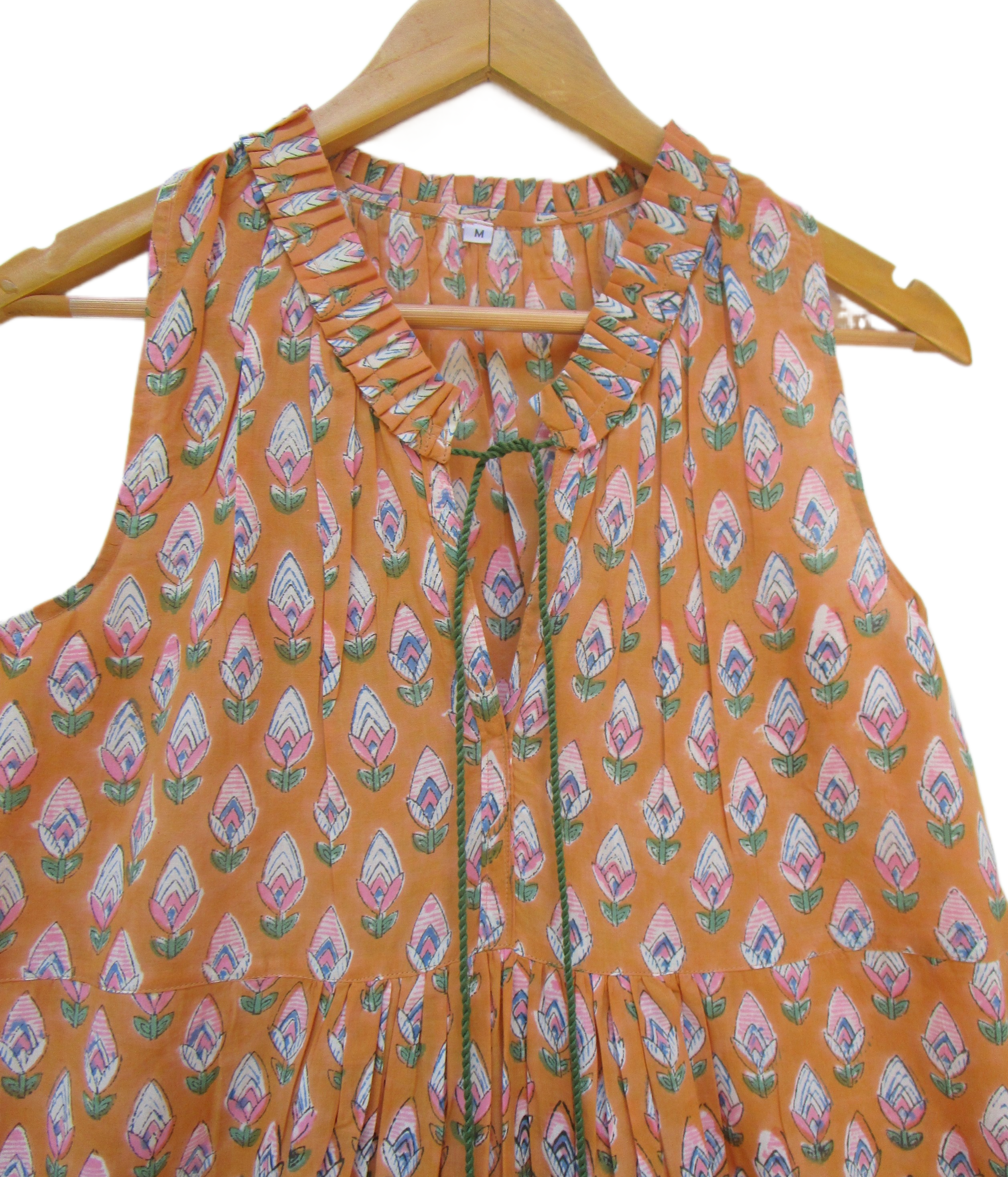 Mustard Hand Block Printed Cotton Maxi Dress with Tassel Tie-Up