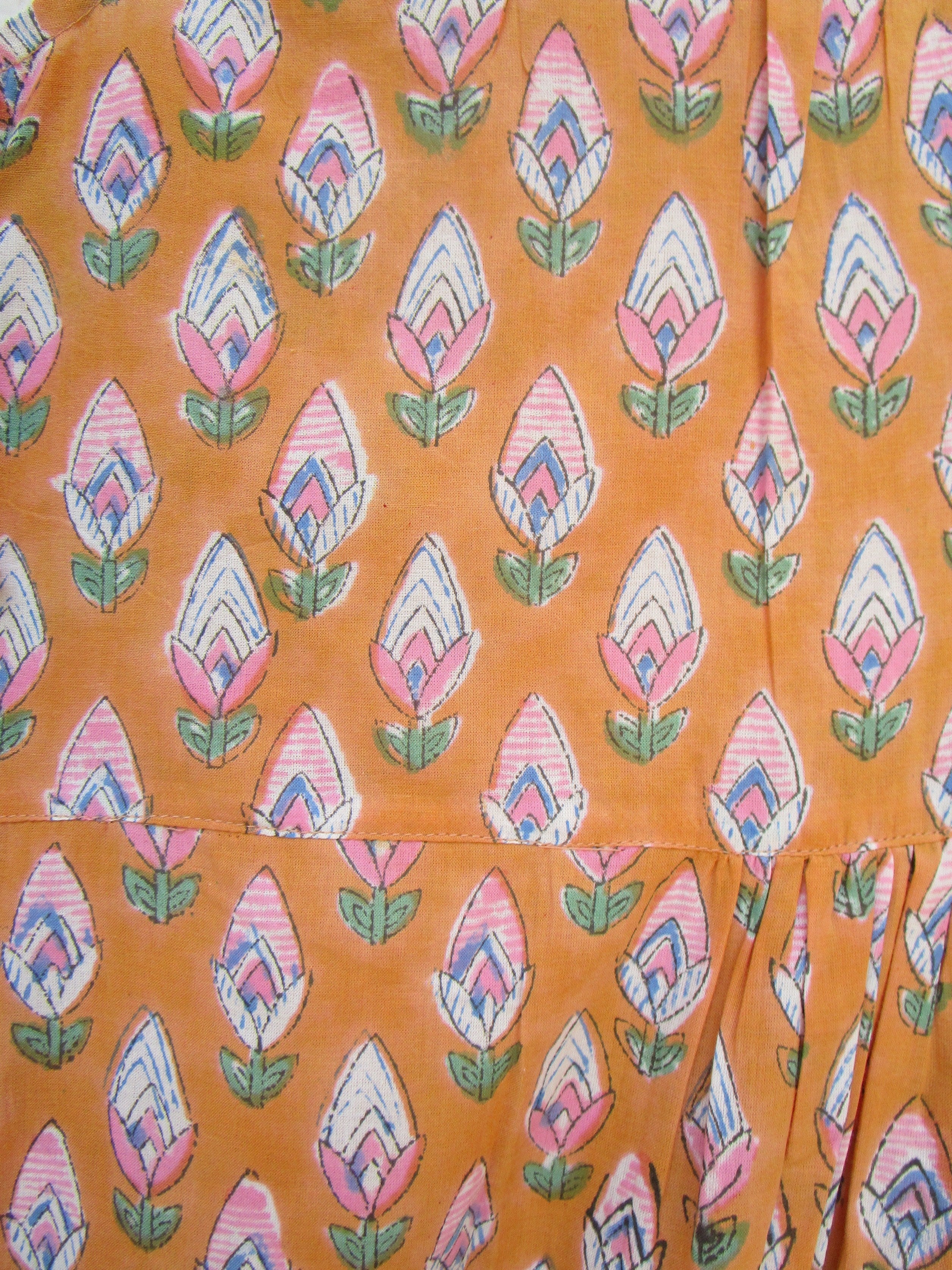 Mustard Hand Block Printed Cotton Maxi Dress with Tassel Tie-Up
