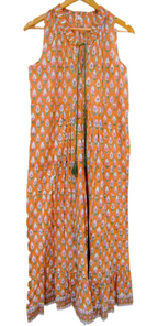 Mustard Hand Block Printed Cotton Maxi Dress with Tassel Tie-Up