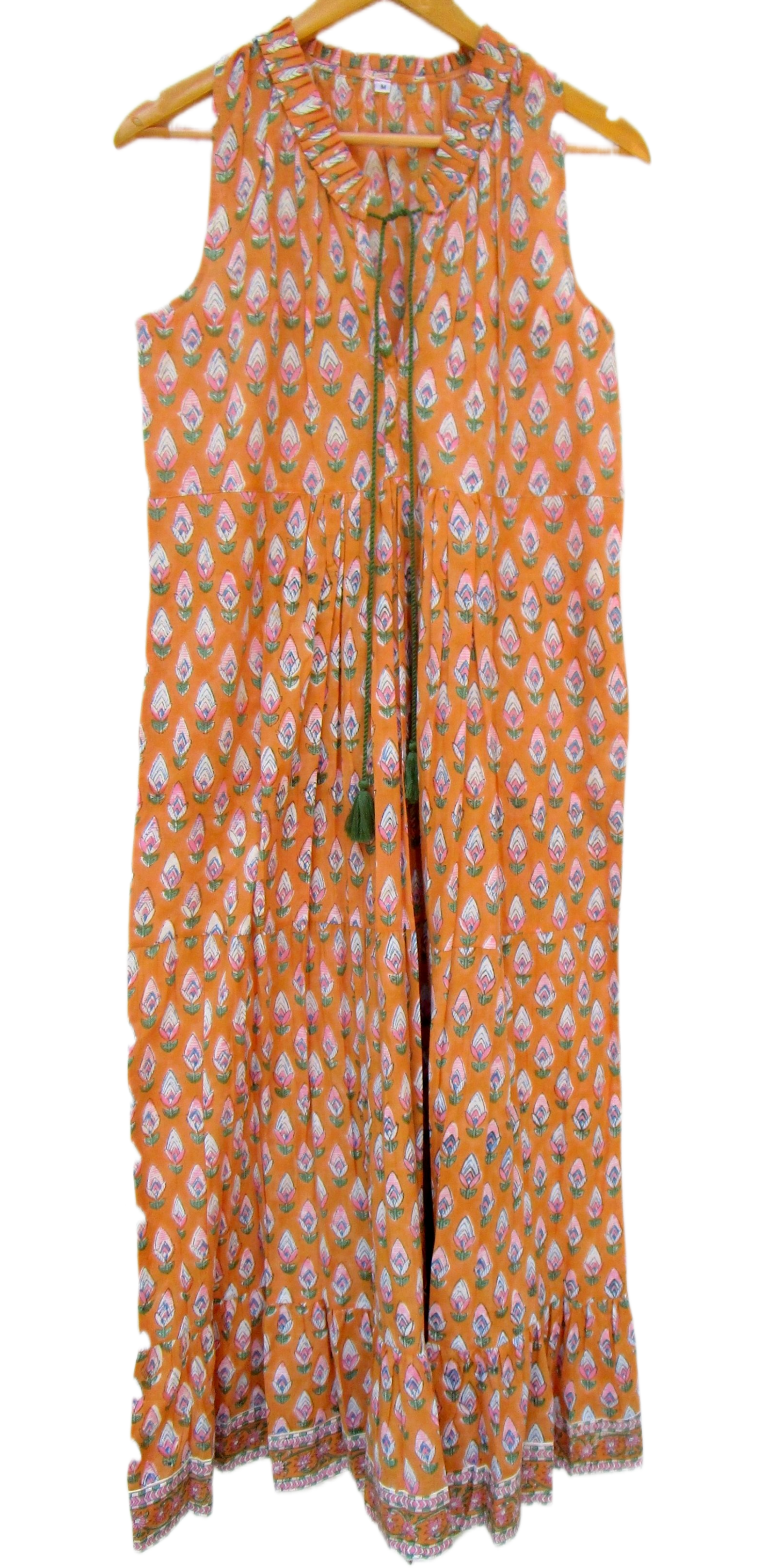 Mustard Hand Block Printed Cotton Maxi Dress with Tassel Tie-Up
