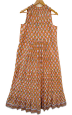Mustard Hand Block Printed Cotton Maxi Dress with Tassel Tie-Up