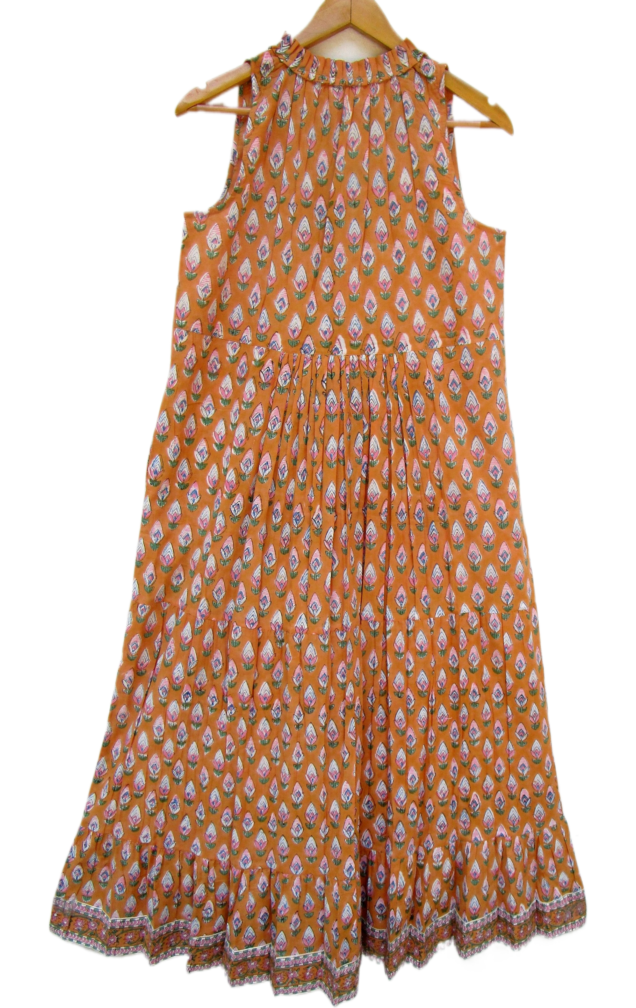 Mustard Hand Block Printed Cotton Maxi Dress with Tassel Tie-Up