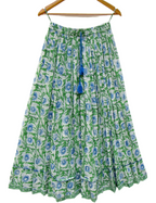 Green Hand Block Printed Cotton Flared Skirt with Tassel Tie-Up