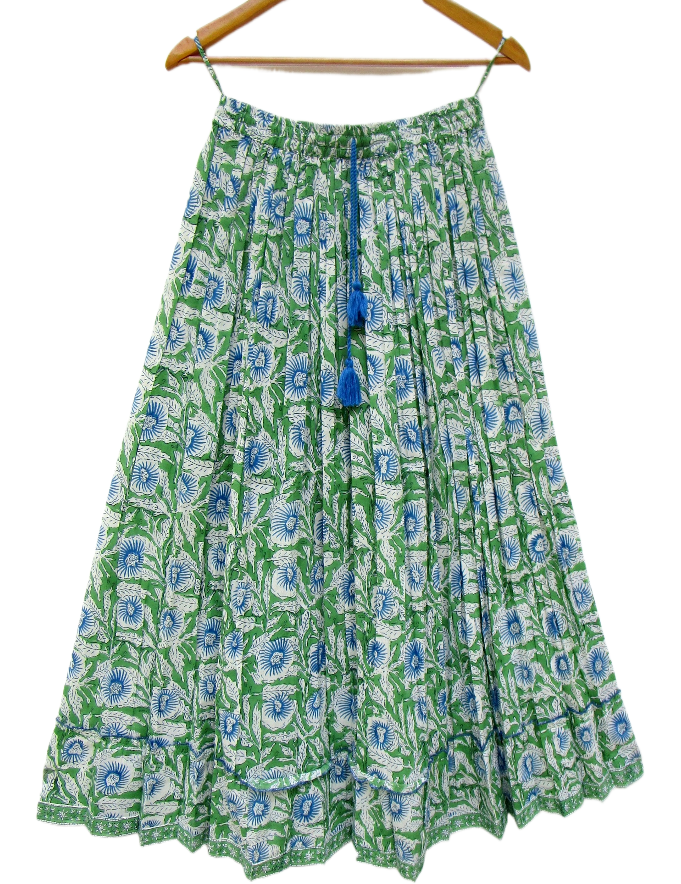 Green Hand Block Printed Cotton Flared Skirt with Tassel Tie-Up