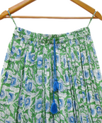 Green Hand Block Printed Cotton Flared Skirt with Tassel Tie-Up