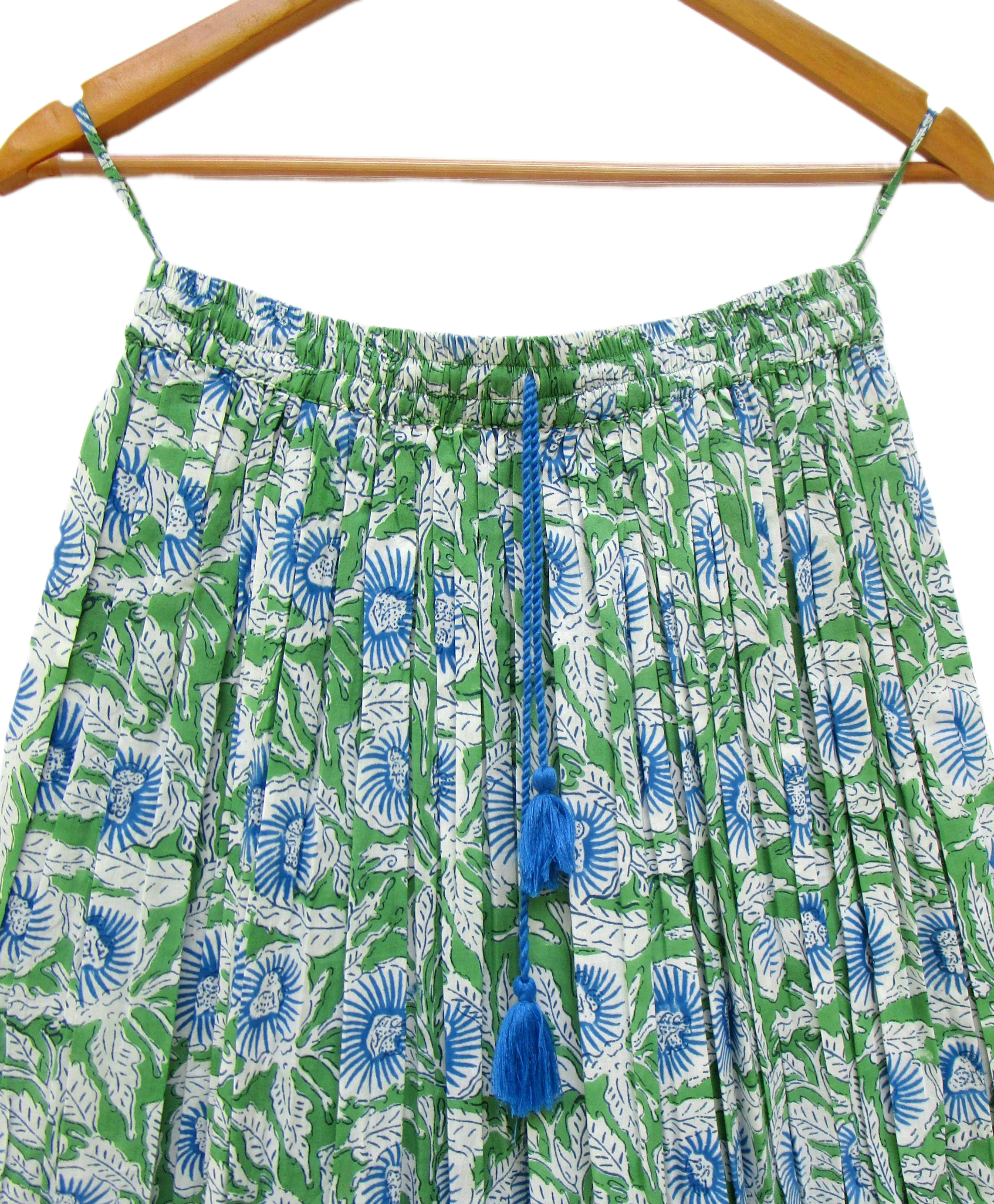 Green Hand Block Printed Cotton Flared Skirt with Tassel Tie-Up