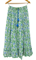 Green Hand Block Printed Cotton Flared Skirt with Tassel Tie-Up