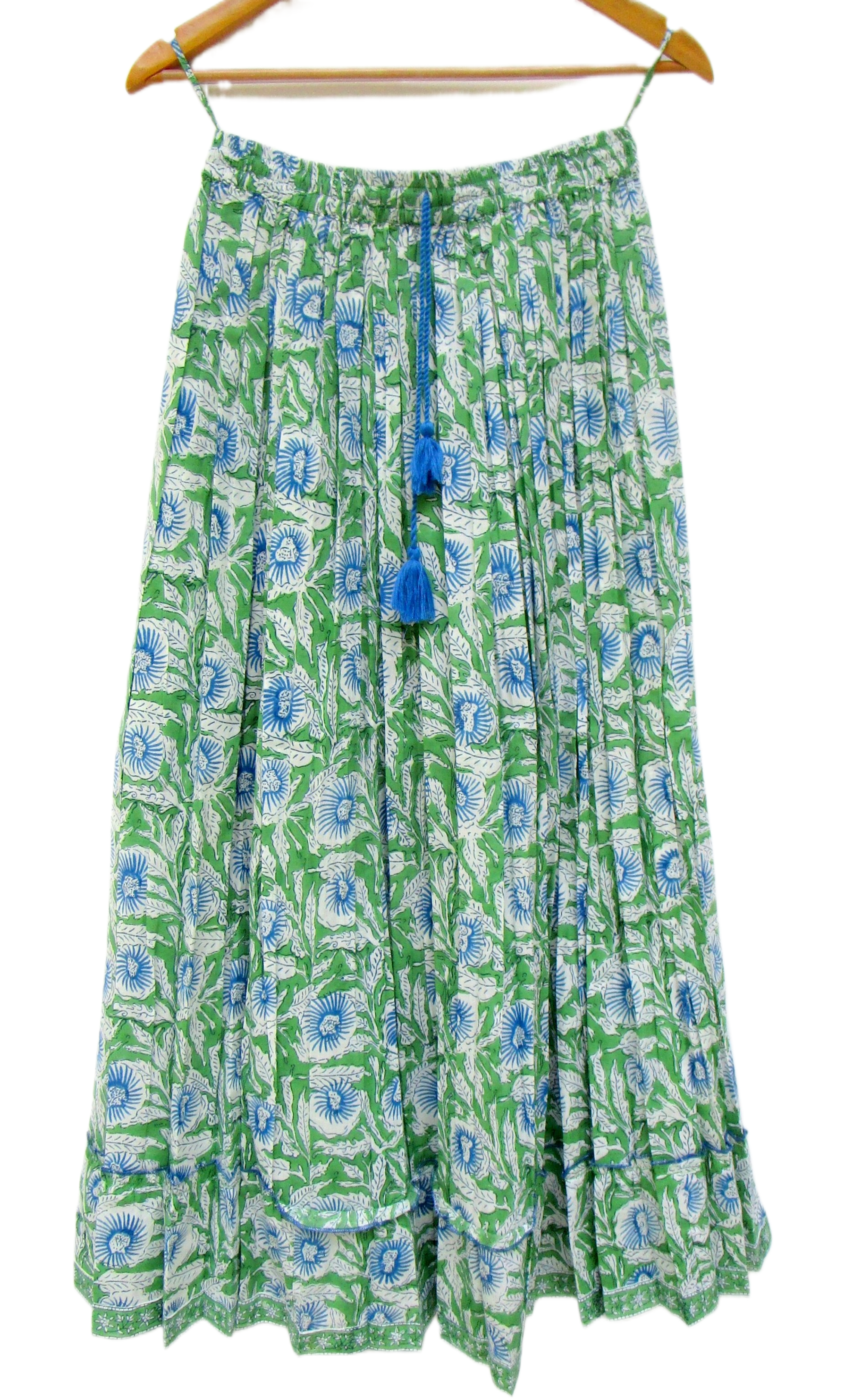 Green Hand Block Printed Cotton Flared Skirt with Tassel Tie-Up
