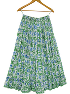 Green Hand Block Printed Cotton Flared Skirt with Tassel Tie-Up