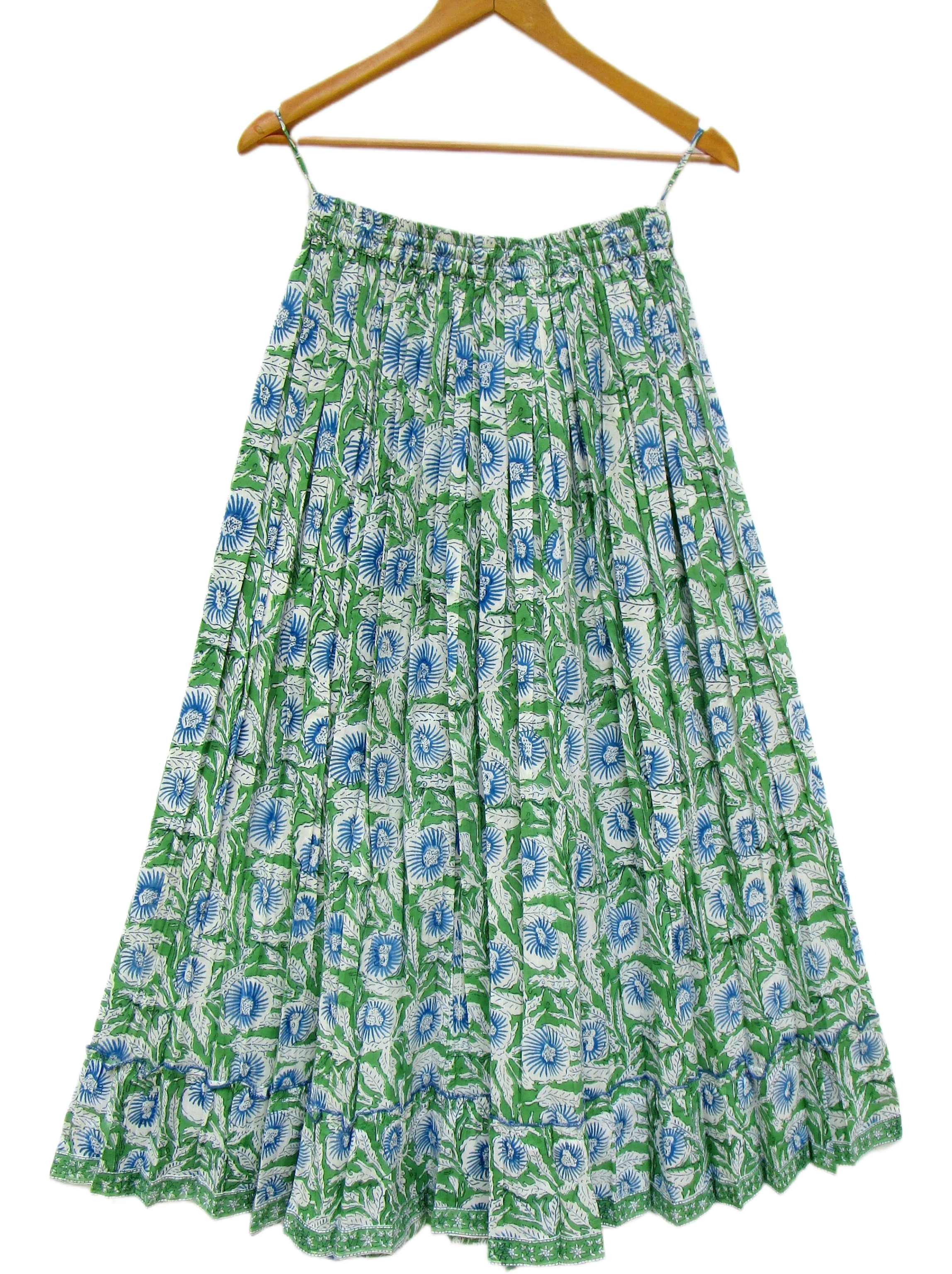 Green Hand Block Printed Cotton Flared Skirt with Tassel Tie-Up