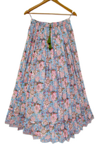 Sky Blue Hand Block Printed Cotton Flared Skirt with Tassel Tie-Up