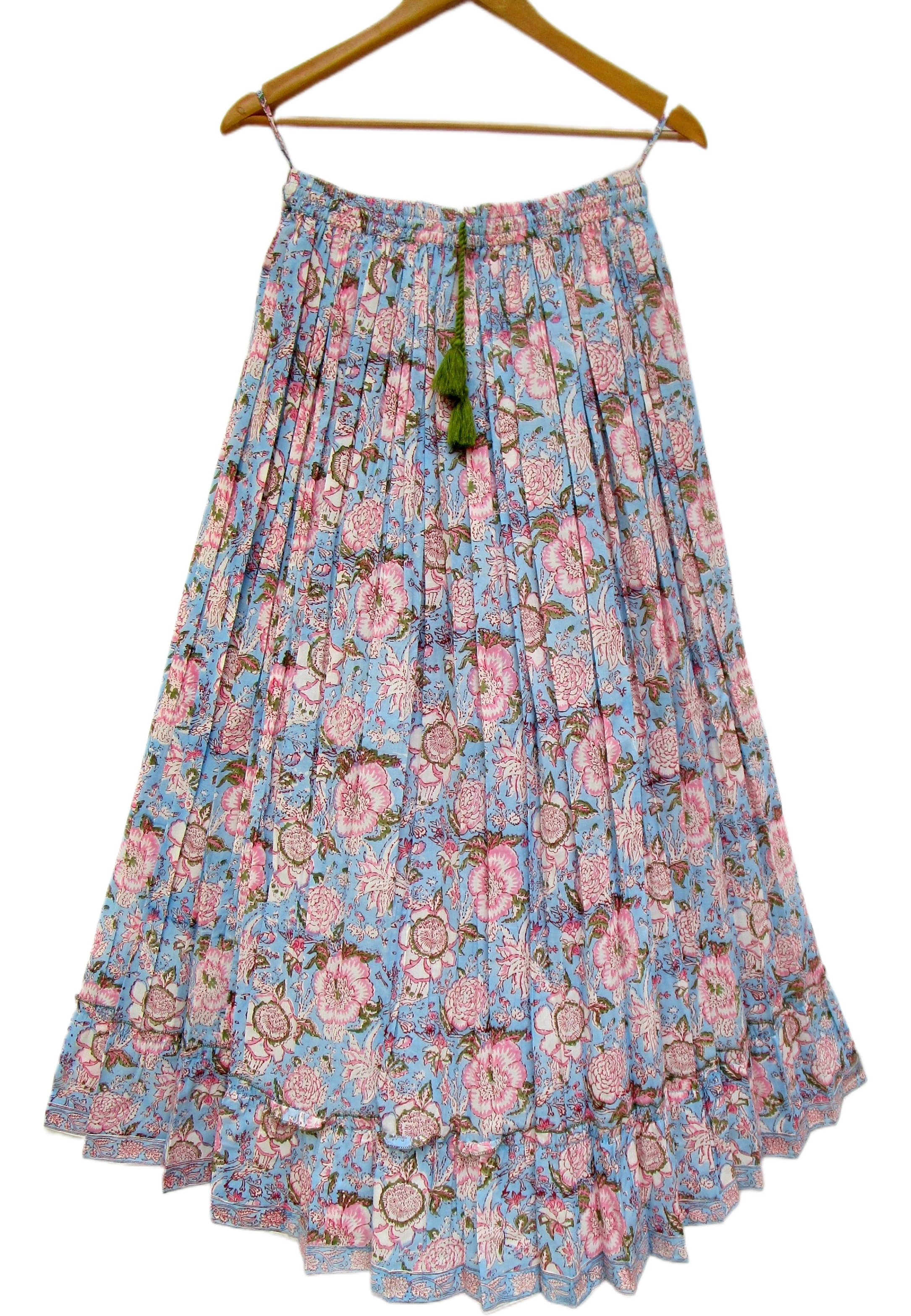 Sky Blue Hand Block Printed Cotton Flared Skirt with Tassel Tie-Up