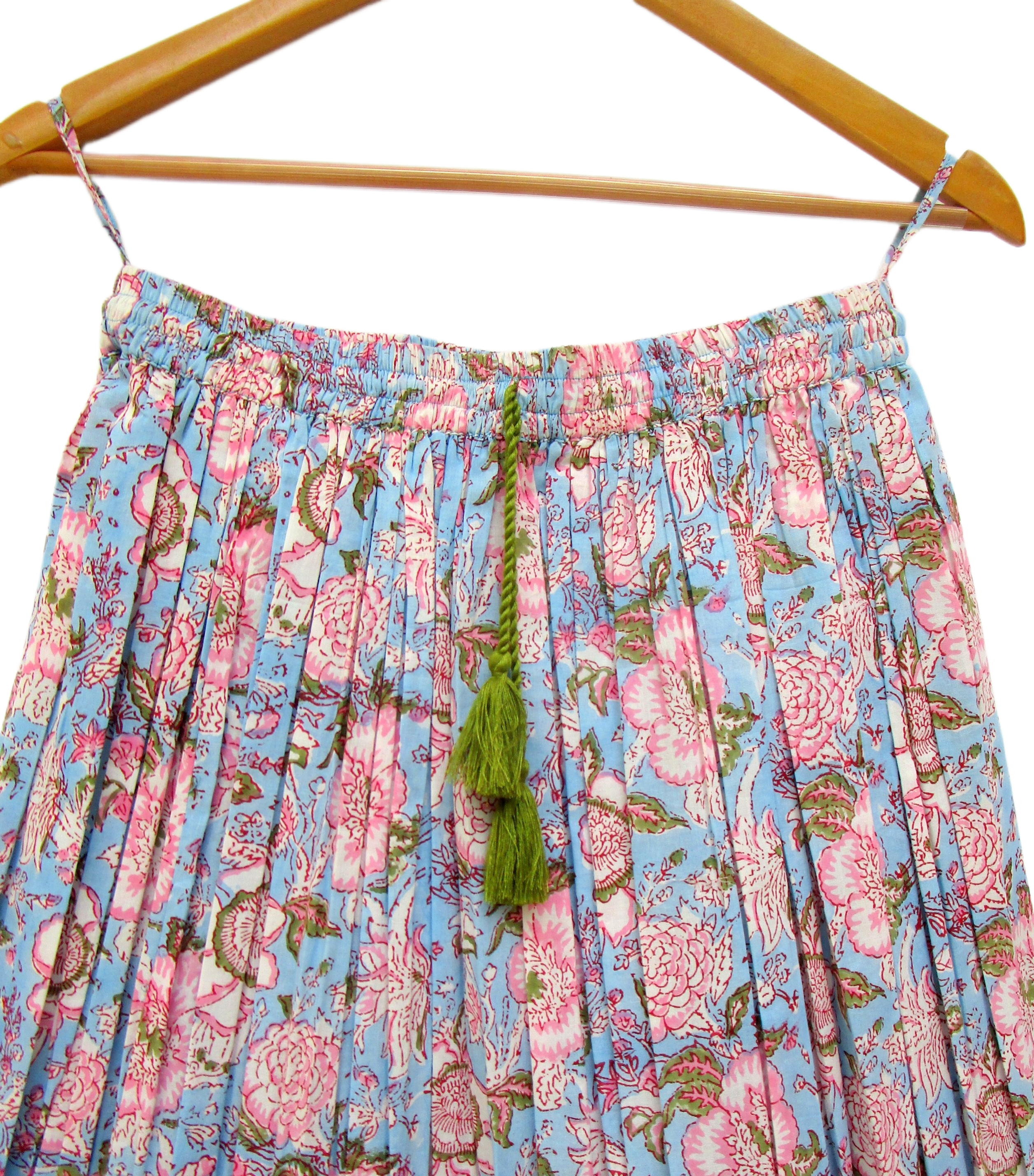 Sky Blue Hand Block Printed Cotton Flared Skirt with Tassel Tie-Up