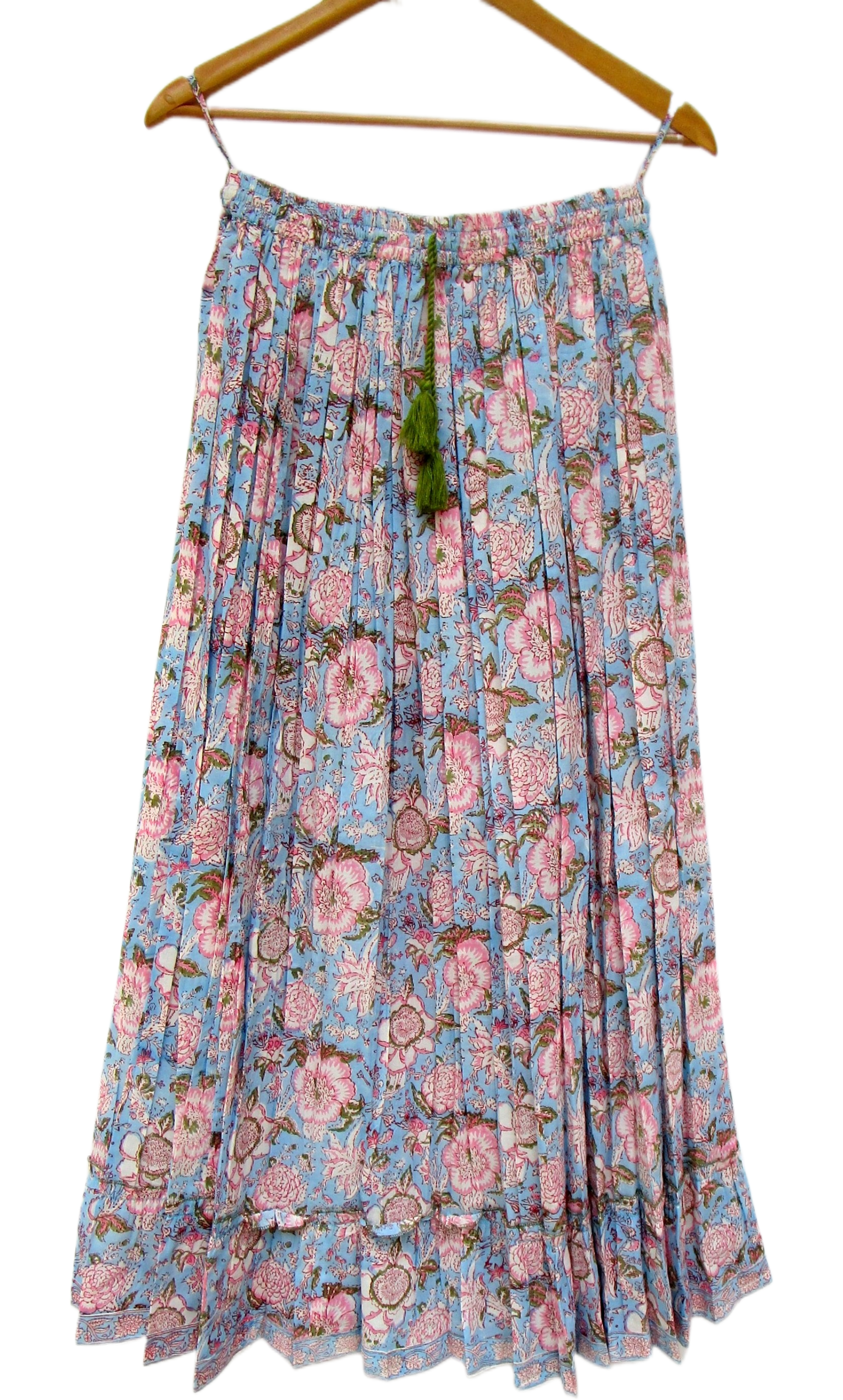 Sky Blue Hand Block Printed Cotton Flared Skirt with Tassel Tie-Up