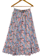 Sky Blue Hand Block Printed Cotton Flared Skirt with Tassel Tie-Up